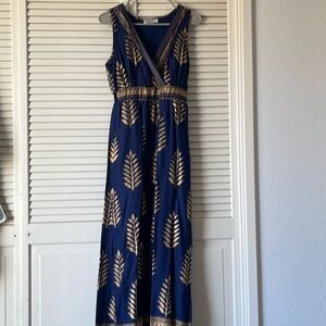 Navy and Gold Leaf Print Maxi Dress